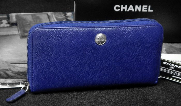 【夜間飛行】(保證100%真品) CHANEL香奈兒紫味藍荔枝皮紋拉鍊長夾(有雷標，保卡，紙盒)/限時特價