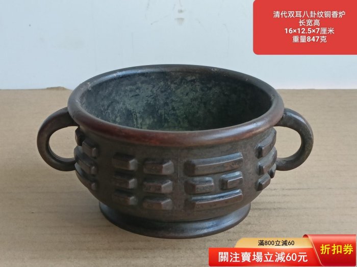 清代雙耳八卦紋銅香爐底款:珍玩器型厚重，皮克老辣，品相完美28101古玩