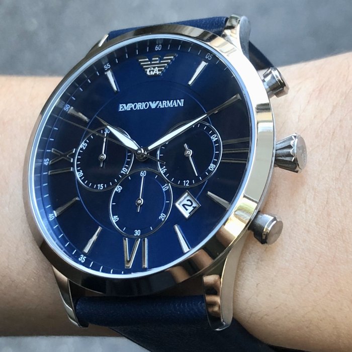 現貨可自取EMPORIO ARMANI AR11226 手錶43mm 亞曼尼三眼藍面盤藍色皮錶 