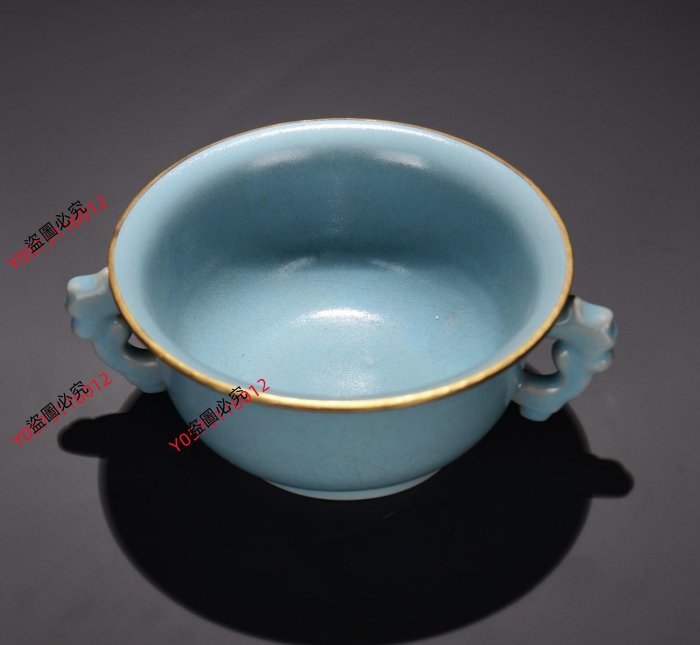 舊藏宋汝窯天藍釉包金口雙耳尊尺寸：7×1920xq29727古玩收藏擺件| Yahoo拍賣