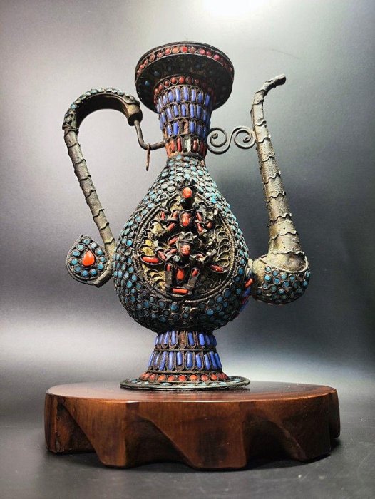 早期西藏手工老物- 藏銀花絲珊瑚綠松石銅酒壺（收藏/古董/天然/宗教