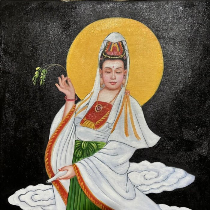 手繪水彩油畫244，陳逸飛觀音像，尺寸70x100 cm左右藏品老貨收藏【二手