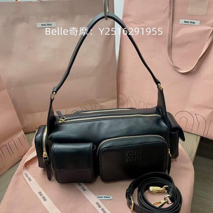 Belle二手正品 MIU MIU 繆繆 口袋飾壓花刻字徽標 軟羊革 機車包手提單肩斜挎包 女款 黑色 5BB150