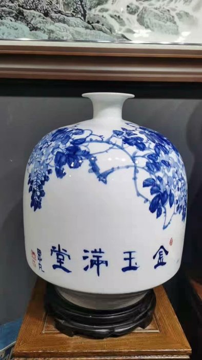 景德鎮手工青花釉下五彩花鳥賞瓶，吳凡老師力作附證書金魚紫藤好寓意紫
