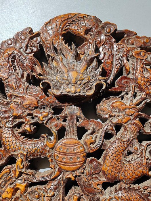 珍藏老黃楊木大屏風【九龍獻寶】雕刻實木屏風大擺九龍璧選材上乘刻工