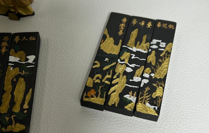 古玩輕鬆拍】唐物中國書道具頤和書屋中国徽墨徽州曹素功監製金繪桃仙