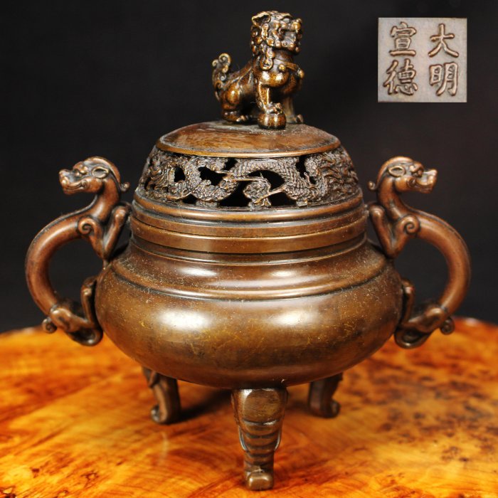 桑園の】大型鑄銅香爐螭龍耳象足獅子摘薰香爐古典完美品底款