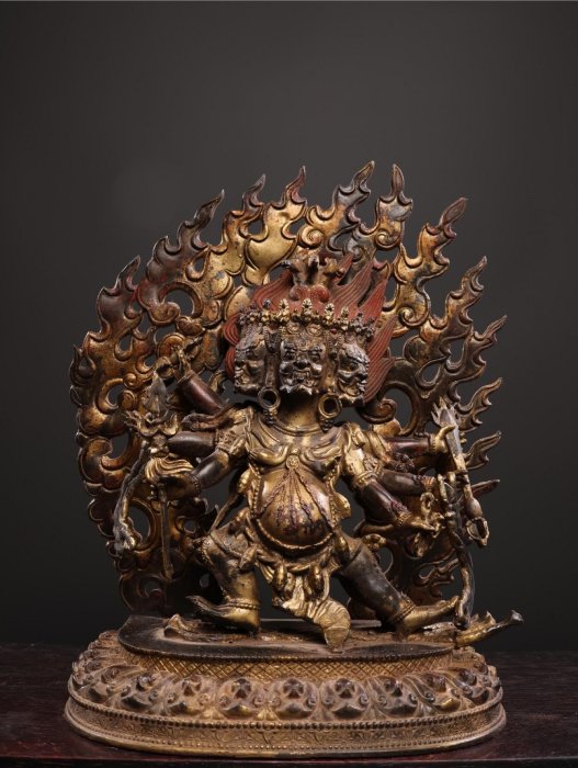 珍藏純銅泥金朱砂佛像馬頭明王形制規整藏傳佛教供奉財神佛像泥金斑駁
