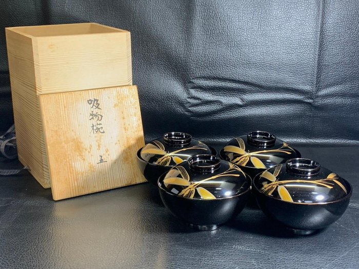 藏舊尋寶屋】老日本傳統漆工藝品頂級輪島塗金蒔繪竹葉紋黑漆吸物碗/漆