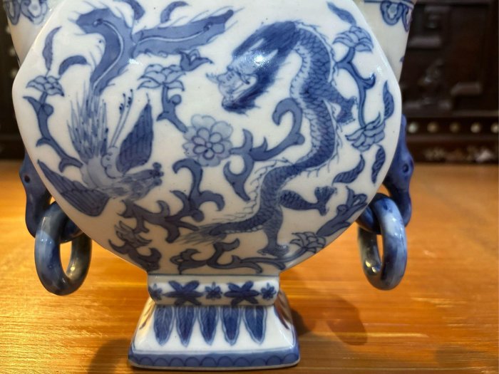 古青花龍紋五管活環扁瓶完整。五管瓶五口瓶乾隆仿古造型青花瓷民窯哥窯