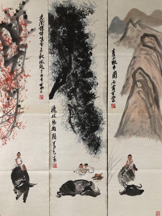 嚴選李可染風格牧牛圖字畫藝術品四條屏純手繪維修尺寸約45x90 公分牧牛