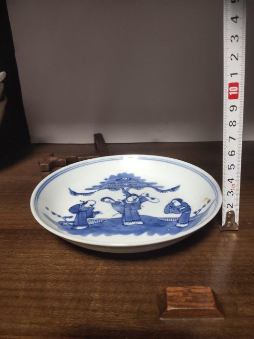 清代青花福祿壽三星人物瓷盤直徑13.5公分現代嚴選藏品釉色光亮如新口沿