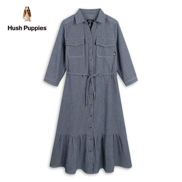 Hush Puppies 洋裝 女裝直條紋開襟七分袖牛仔洋裝