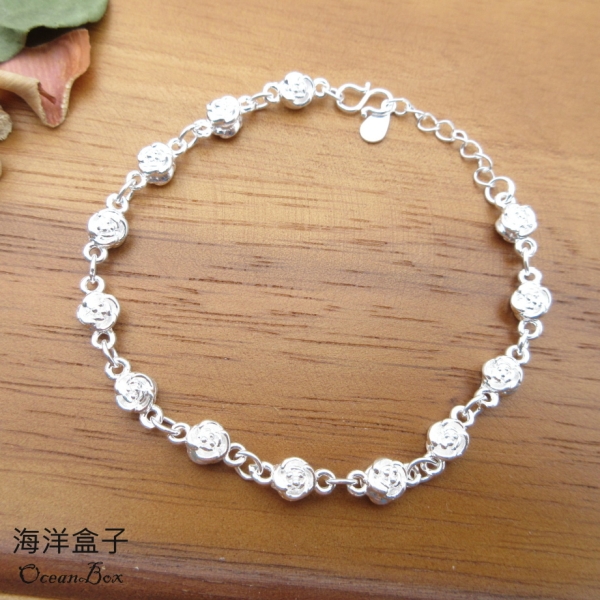 海洋盒子§立體雙面雪白玫瑰花S999純銀手鍊| 純銀| Yahoo購物中心