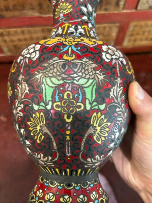清末民初銅胎掐絲琺瑯壽紋花瓶完整。古董花瓶早期銅花瓶清代銅胎掐絲