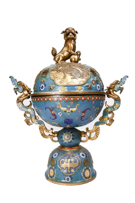 博古珍藏》款大清乾隆年製【銅胎掐絲琺瑯鎏金龍耳銅爐】34公斤