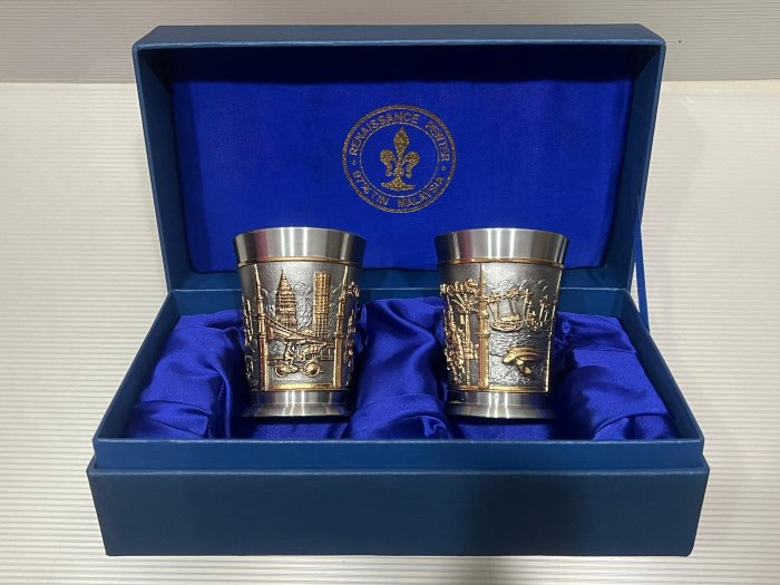 馬來西亞獅子錫器金箔包金錫杯一對水杯酒杯未使用過| Yahoo拍賣