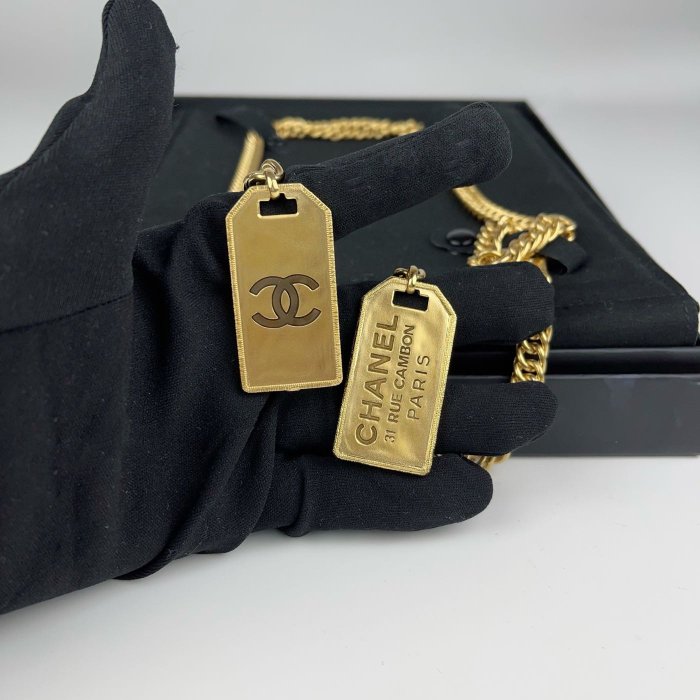 【翰貝格名牌館】全新真品 Chanel 金色 粗鍊 雙面 軍牌 金牌 項鍊 頸鍊 AB2385