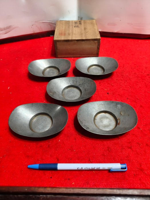 北溟居古美術】日本茶道具錫元寶型茶托五客
