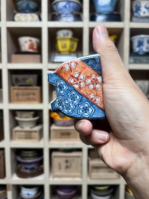 嚴選日本盆早期名匠「尾張裕峰」六角紋樣手繪藝術盆，尺寸6.5x5.3cm