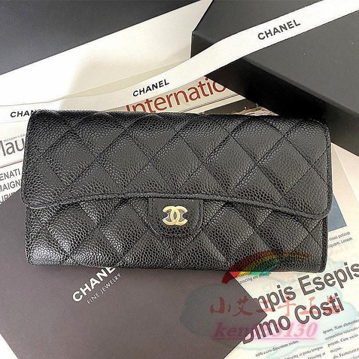 CHANEL 經典荔枝紋牛皮 黑色 金扣 金Logo cc 長夾 錢包 手拿包  AP0241