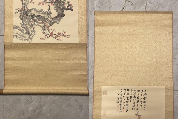 嚴選張大千紙本梅花軸立軸畫一幅，綾裱藝術珍藏兩側木軸頭，畫心尺寸CM