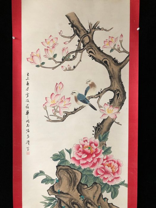 PA35【王雪濤】花鳥，四尺扇面精裱純手繪中堂畫，裝裱尺寸：232*89cm