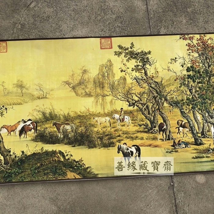 清朝郎世寧百駿圖復刻長卷畫古玩字畫國畫收藏百馬圖家居裝飾手繪工筆