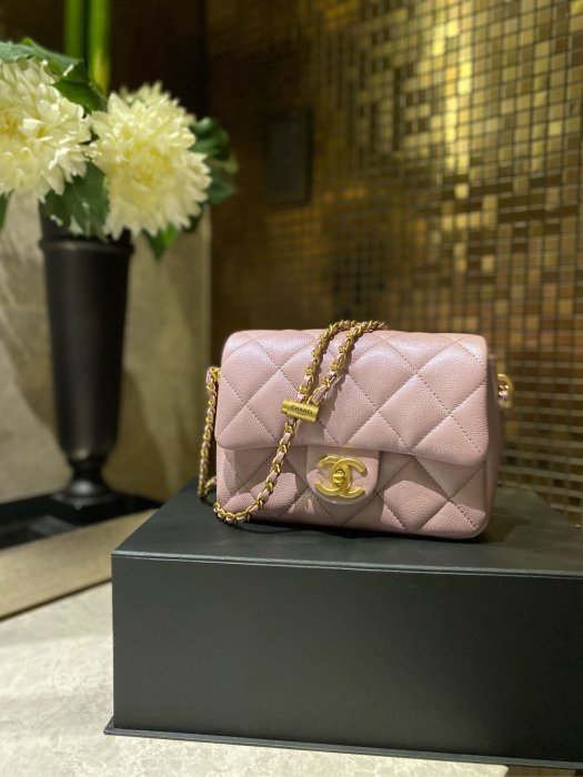 【翰貝格名牌館】全新真品 CHANEL 爆款 21K 珠光粉 荔枝 牛皮 調節釦 方胖子 AS2855