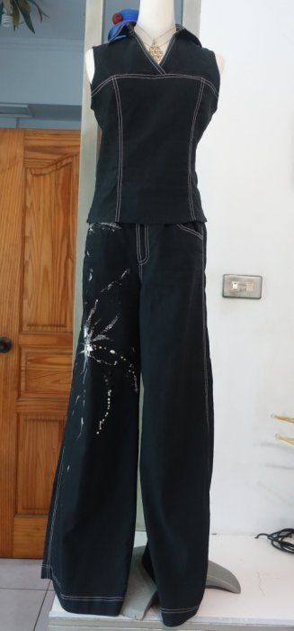[Ｃ.M.平價精品館]M現貨出清特價/設計師品牌久晴服飾/品味藝術風彩漆系列寬版品味長褲套裝