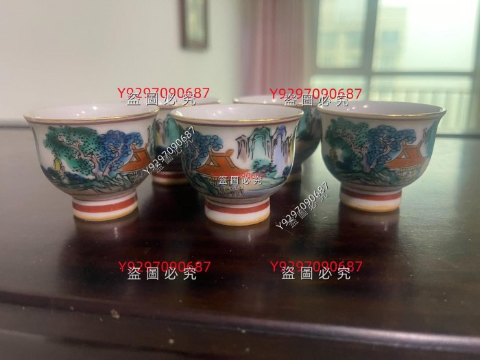送料無料 明治～大正九谷焼　手描き松鶴紋杯台/盃台5客　完品無傷 九谷燒明治時期老九谷九谷莊三柴燒手繪杯子年代感的潤，拿在手上