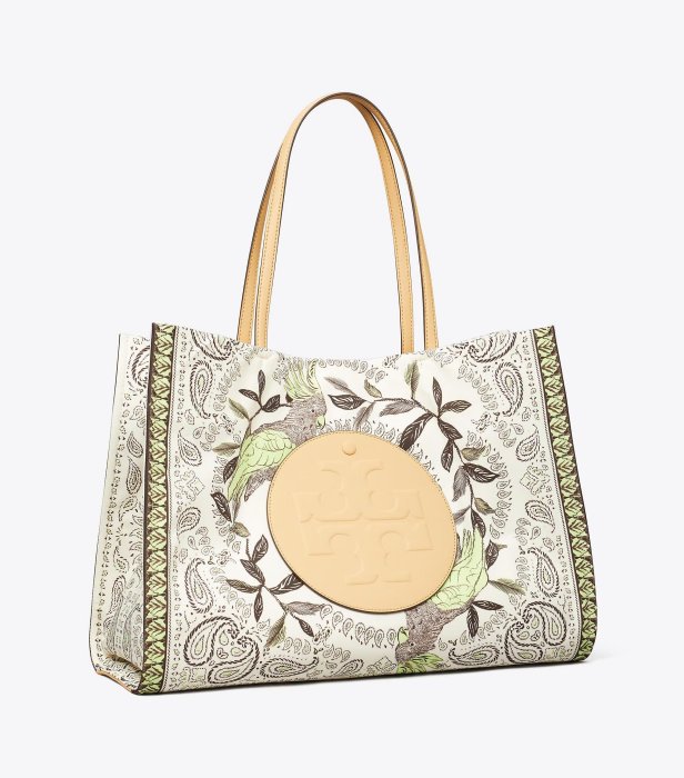 【TORY BURCH】專櫃經典款  Ella 中款復古花卉圖騰帆布手提包/托特包