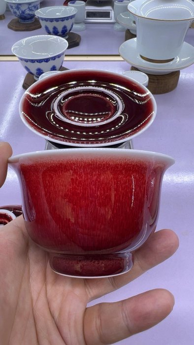 景德鎮郎窯紅釉三才蓋碗，125毫升容量，手工精湛郎紅釉陶瓷，典藏級