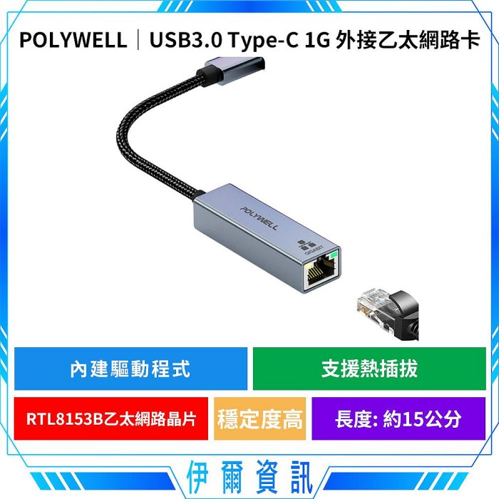 POLYWELL 寶利威爾 USB3.0 Type-C 1G千兆外接網絡卡 乙太網路卡 Gigabit 臺製晶片 外接網絡卡