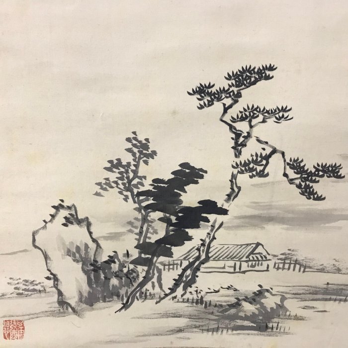 藏舊尋寶屋】老日本落款畫家作提字「山水圖」水墨畫/畫軸/掛軸《絹本
