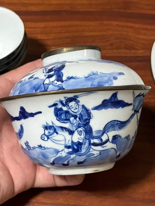古】W932 在銘 青花人物紋杯 嚴選清代若深珍藏青花三國人物紋陶瓷茶器