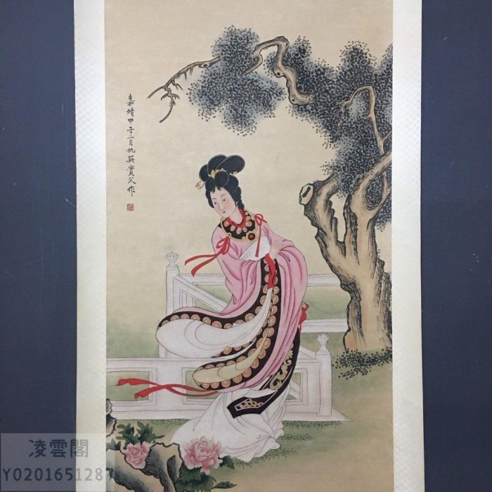 中国古美術・仕女図三尺画芯・純手描き・工筆・彩色画・仇英印款・書道・宣紙・带水印 中国古美術・仕女図三尺画芯・純手描き・工筆・彩色画・仇英印款