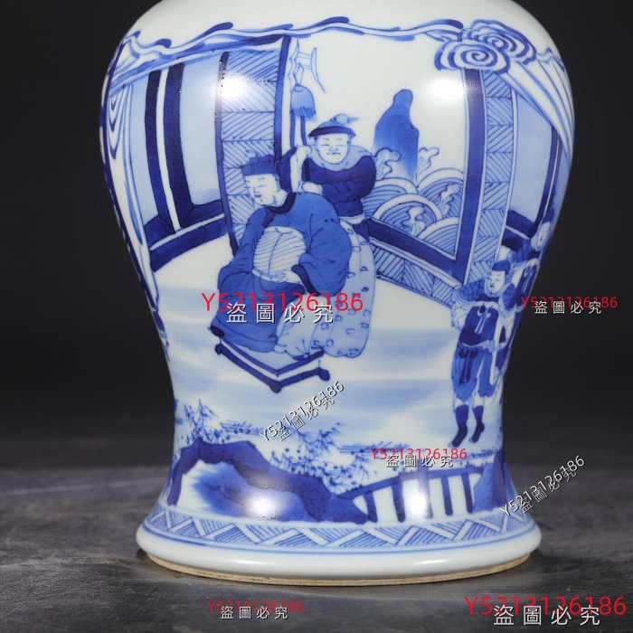 清代康熙青花人物芭蕉紋大花孤尺寸：高36公分口徑19.5公分肚徑16公分舊