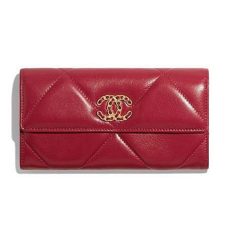 專櫃全新正品 CHANEL AP0955  19 口蓋 長夾 羊皮 金扣 錢包 紅色現貨