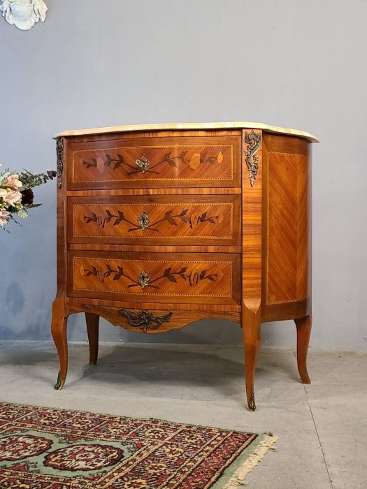 ⚜️卡卡頌歐洲古董⚜️法國手工拼花銅雕飾大理石斗櫃邊櫃玄關櫃