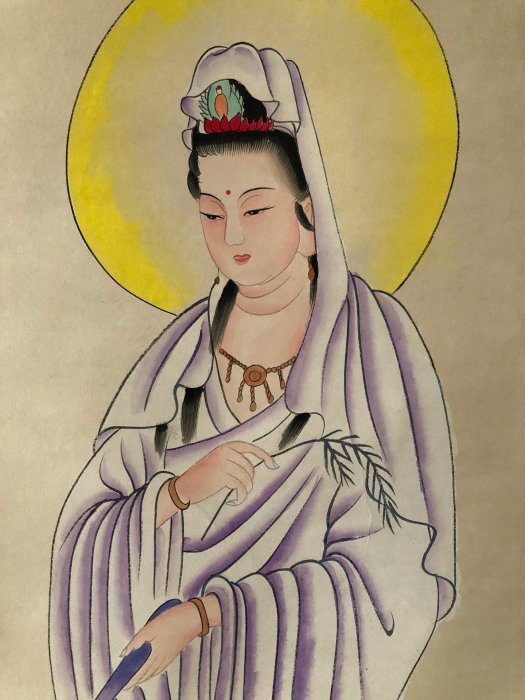 S57【張大千】觀音，三尺畫芯精裱，純手繪作品裝裱好尺寸：188x80cm