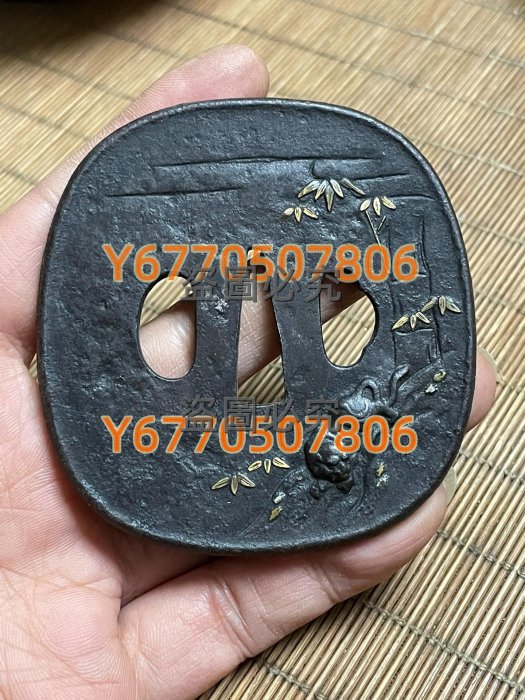 金工刀鐔刀鍔老虎虎竹文飾鐵地鏤空武士金工裝具鐔鍔目貫老刀鐔長8.1cm