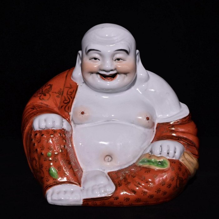 置物　弥勒佛 粉彩人物 Chinese - 晚清民国一线瓷塑中国大名家万同顺造粉彩弥勒佛。 Late Qing