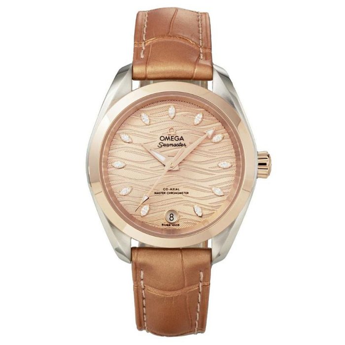 OMEGA 歐米茄 220.23.34.20.59.001 AquaTerra150 33.5mm 玫瑰K金錶框 淺咖啡色面盤 鑽石石刻 皮革錶帶 機械錶 女錶