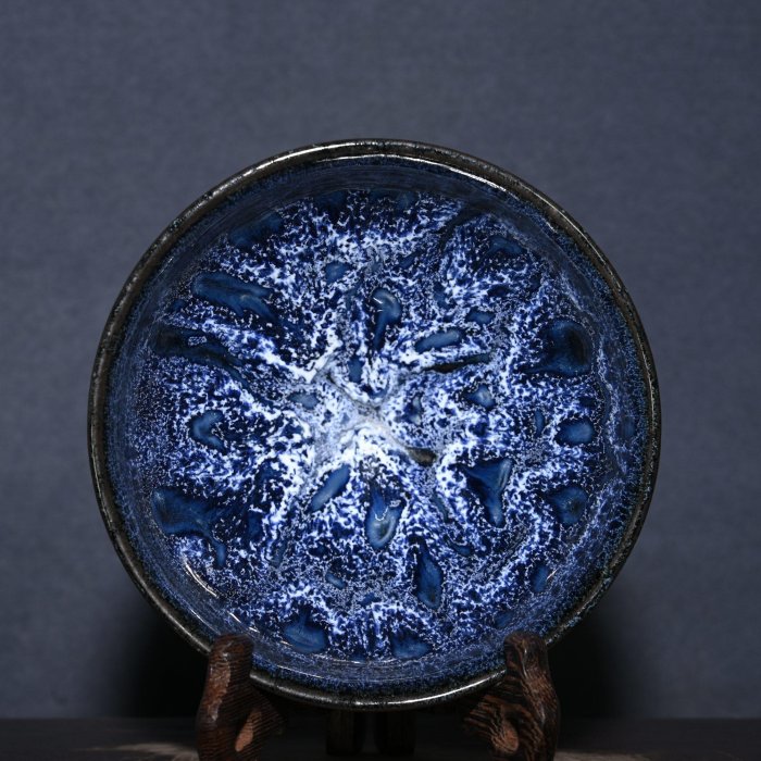 宋時代 建窯 曜変 宝石藍釉 天目茶碗 供御款 箱付！高