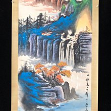手描き 張大千 山水画 掛軸 四尺中堂 PA85【張大千】山水，四尺扇面精裱純手繪中堂畫，裝裱尺寸232*89cm左右
