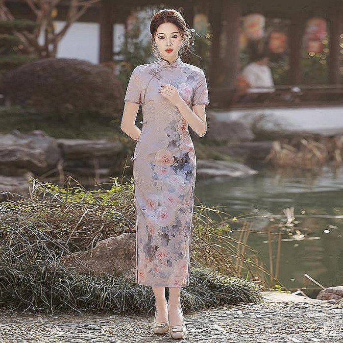 100％ 短袖旗袍洋裝 改良旗袍 長款旗袍 雙層提花絲綢長款走秀顯瘦氣質旗袍改良年輕款修身連衣裙ML005