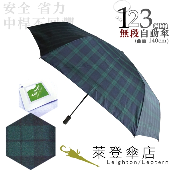 雨傘 萊登傘 超大傘面 可遮三人 不回彈 無段自動傘 鐵氟龍 易甩乾 Leotern(墨綠藍格)