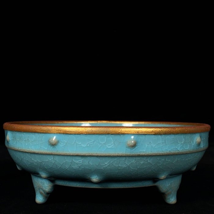 宋汝窯冰裂紋包口鼓釘洗，高6直徑17cm，2001884 瓷器官窯汝窯【古雲