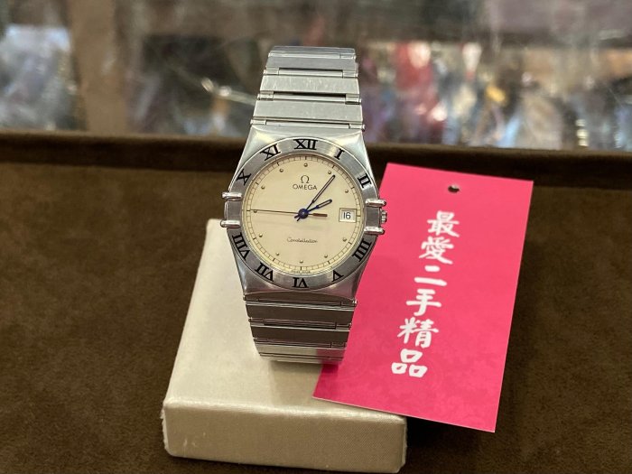 ☆最愛二手精品☆ OMEGA 32mm 星座天文台銀色圓型米白錶面不銹鋼羅馬數字日期手錶石英錶 XG8879
